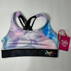 Justice Girls Butterfly Cloud Dye Dance Gym Bra Purple Black Sparkle Small 7/8